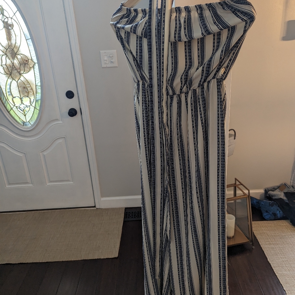 Women's strapless jumpsuit, navy and cream